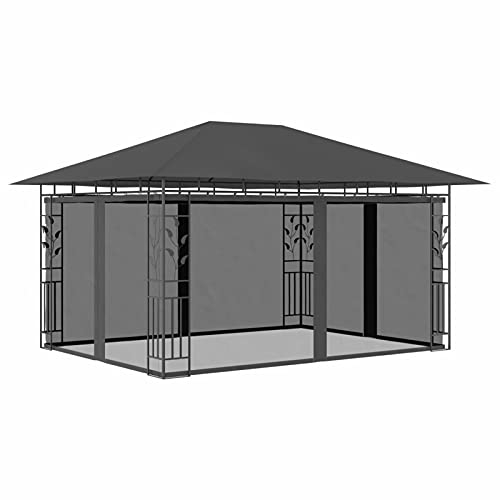 ARKEM Pavillon mit Moskitonetz 4x3x2,73 m Anthrazit 180 g/m² Wasserdicht Pavillon Metall Lagerzelt Pavillon Wasserdicht Stabil