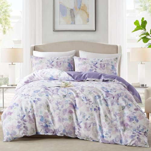 Tospass Bettwäsche 220x240 cm Blumen Muster Violett Lila Floral Bettwäsche Set Pflanzen Blätter Mädchen Mikrofaser Wende Bettwäsche 1 Bettbezug mit Reißverschluss 2 Kissenbezug 80x80 cm
