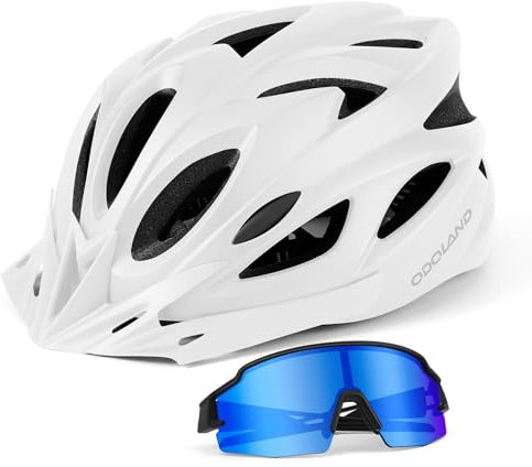 Odoland Bike Helmet with Cycling Sunglasses, Adult Cycling Helmets for Men Women Adjustable Lightweight Road Bike Mountain Bike Helmet White