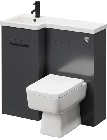 Napoli Combination Gloss Grey 900mm Vanity Unit Toilet Suite with Left Hand L Shaped 1 Tap Hole Basin and Single Door with Matt Black Handle