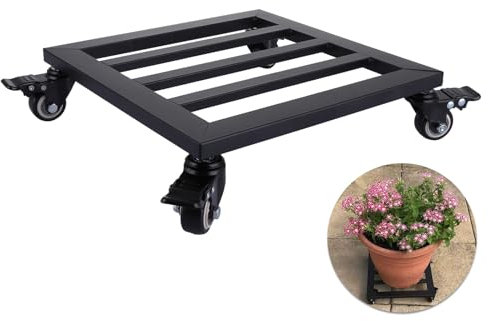 LOLYSIC Plant Caddy with Wheels, 30cm Metal Plant Pot Trolley Heavy Duty Plant Stands with Lockable Casters Wheels, Square Rolling Plant Dolly for Indoor Outdoor Garden Flower Planter Pots, Black