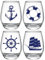 FACOYANS Nautische Weingläser, 4 Stück, Ankerkompass, Rettungsring, Helm, Strandhausgläser, 425 ml, Küstenmotiv, Ozean, Strand, Stiel, Weingläser für Wein oder Cocktails