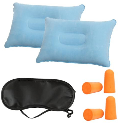 EIHI Aufblasbares Kissen, Strandkissen, Blaue Aufblasbare Kissen für Camping und Reisen, +1 Schwarze Augenmaske +2 Ohrstöpsel, 5 Stück