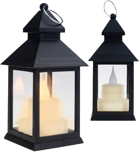Laterne LED-Laterne MIT Batterie Kerze SCHWARZ BEWEGLICHE Flamme, Metall Laterne Schwarz mit LED Kerze Garten Deko Balkon Beleuchtung