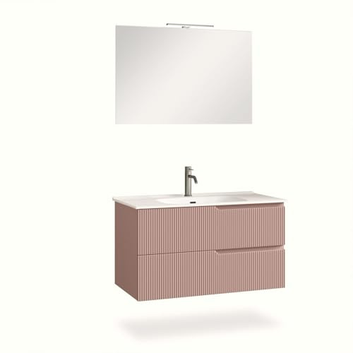 AQA DESIGN mobile bagno composizione 4 pezzi, mobile bagno con lavabo, base sospesa con frontali in MDF cannettato, set mobili bagno nr2 cassetti - Rosa cipria - 81x46,5x190 cm