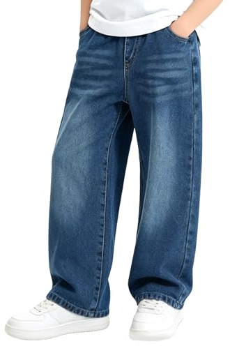 FILOWA Jeans Ragazzo Baggy Denim con Vita Elasticizzata, 5-14 Anni | Lunghi Dritto Pantaloni, Bambino Loose Fit Blu Pantaloni, Casual Stretch Denim, Moda Jeans, Streetwear per Ragazzi