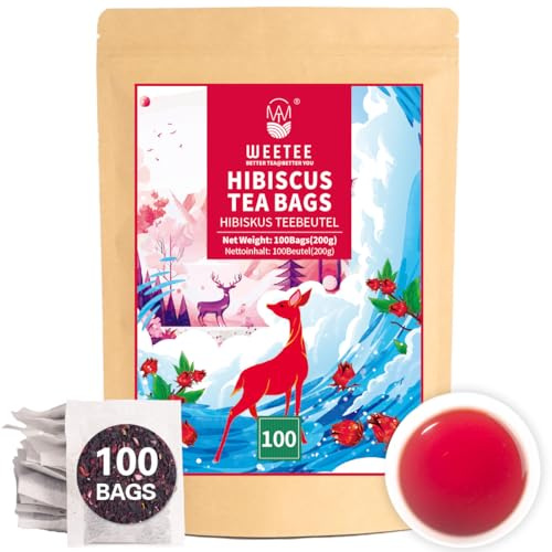 WEETEE Hibiskus Tee Beutel 100 Stück | Aus 100% Reinen Hibiskusblüten | Koffeinfrei | Hibiscus Tea | Fruchtig-aromatischer Entspannungstee