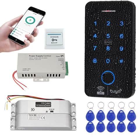FUSYTULY Sistema de Control de Acceso WiFi Huella Biométrica IP68 Teclado RFID 125KHz 13,56 MHz Lector de Contraseñas con Cerradura Eléctrica, Tuya Smart App Desbloqueado a Distancia