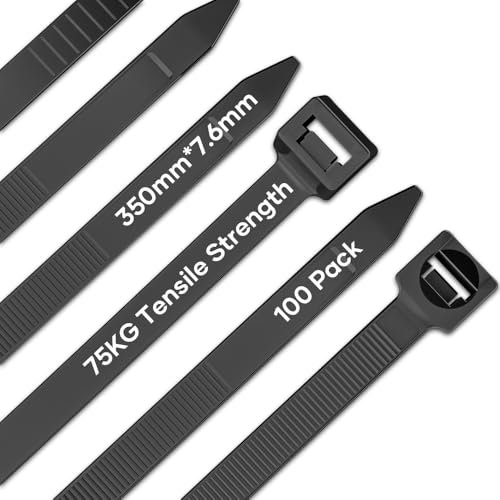NEEKFOX Fascette Plastica 350mm x 7,6mm, 100PCS Fascette Nere Resistenti ai raggi UV con Resistenza alla Trazione 75KG, Fascette Elettricista per Cable Management, Giardinaggio, Officine