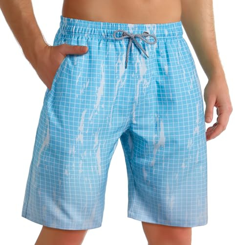 ELETOP Men's Swimming Shorts Swim Trunks Quick Dry Board Shorts Men Performance Beach Shorts Surfing Shorts with Mesh Lining S-4XL Light Blue
