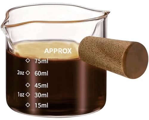 Espresso Cups with Handle, 75ml Double Spout Espresso Measuring Cup with Dual Scale, Espresso Shot Glass with V-Shaped Mouth, Clear Glass Milk Frothing Pitcher, Espresso Accessories