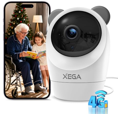 Xega 4G LTE Indoor Security Camera No WiFi, SIM Card CCTV 24/7 Recording | 355°P/60°T, Colour Night Vision, PIR Human Detection, Siren Alarm, 2-Way Audio, Cloud/TF Storage, Pet Baby Elderly Monitor