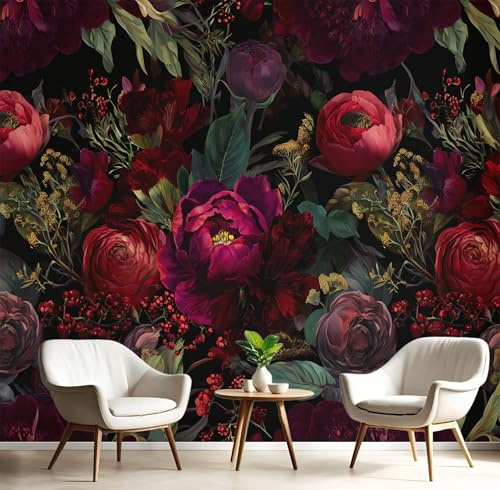 Fototapete Melancholische Blumen 400x280cm Schlafzimmer Wohnzimmer Seide XXL Wandtapete Geheimer Garten Fototapeten Bildtapete 3d Effekt Wand Dekoration, Dunkelrot