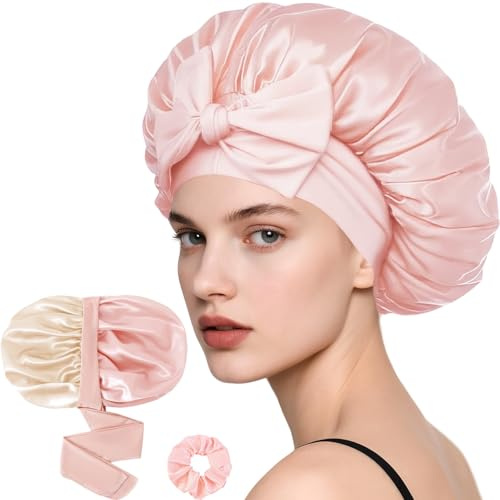 Loomify Bonnet Satin Cheveux Nuit, Bonnet en Soie Ajustable pour Dormir | Bonnet de Nuit Doux pour Longs Bouclés, Bonnet en Satin Double Couche avec Scrunchie pour Femmes et Filles