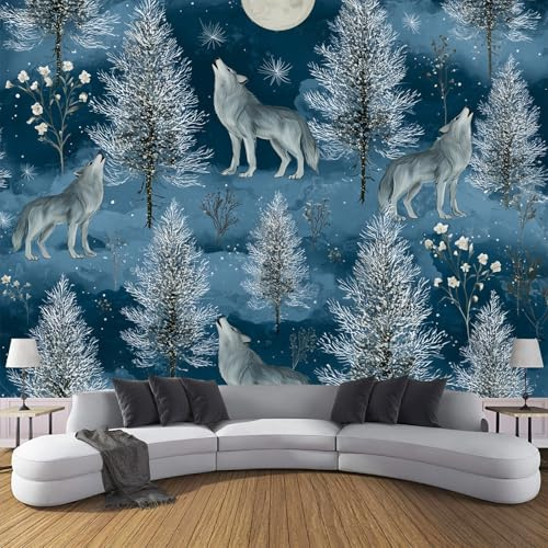 JSCWDET Winter Forest Scene Wallpaper Mural, 3D Wild Animals Wolf Photo Wallpaper,300 × 210 Cm Silk Cloth Wall Art Roll Wallpapers for Wall Covering,Cold Blue