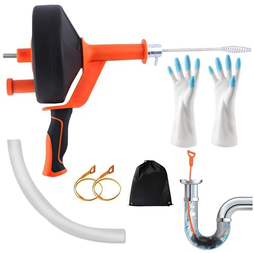 33FT Drain Snake Auger, Heavy-Duty Plumbing Snake for Toilets, Sinks, Showers & Tubs, Hair Clog Remover with Gloves, Hose Toilet Auger & Storage Bag, Professional Drain Unblocking Tool