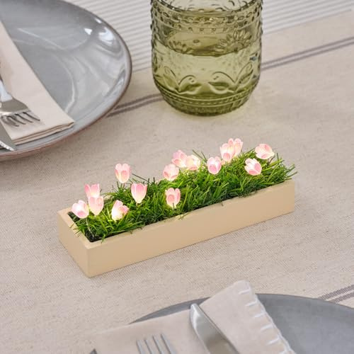 Lights4fun Bunte Mini-Tulpenwiese | 15 warmweiße LEDs | Batteriebetrieben | mit 6h Timer | Beleuchtete Deko Ostern & Frühjahr | für Tisch, Fensterbank & Wohnbereich | Rosa & Grün