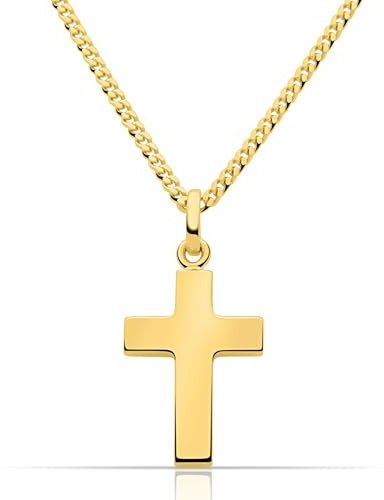 Tony Fein Kreuz Kette 585er Vergoldet Hochglanzpoliert mit Panzerkette 2 mm 18 x 36 mm Made in Italy für Damen und Herren