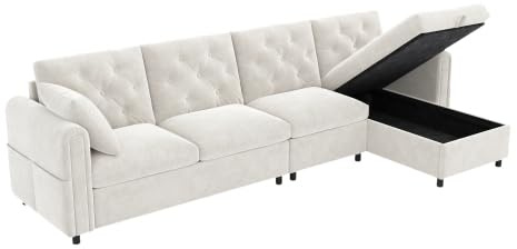vutizal L-förmiges Ecksofa aus Samt mit Stauraum & Schlaffunktion – Verstellbare Eckbank, Seitliche Armlehnen mit Magazintaschen, Rückenlehne mit Knopfheftung – Beige, 281x132x86 cm