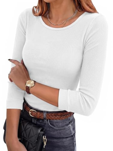 Demegimi Women's Ribbed 3/4 Sleeve Top Round Neck Slim Fit Stretch T-Shirt | Ladies T-Shirts, Soft Ribbed Knit, Flattering Slim Fit, High Stretch Comfort, Smart Casual Base Layer, Office, Daily Wear