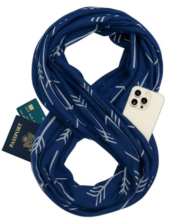 Pop Fashion Arrow Pattern Infinity Scarf for Women - Travel Scarf with Hidden Pocket - Women Infinity Scarves for All Seasons (Navy)