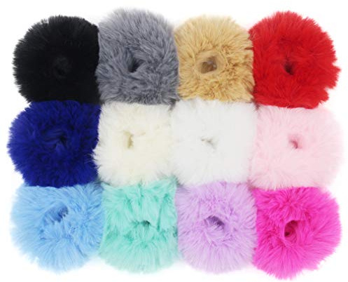 Furling Pompoms Pack of 12 Fuzzy Furry Hair Ties Faux Fur Hair Band Scrunchies Ponytail Holder Hair Ring Ponytail Holder Hair Accessories(Mix Colors)