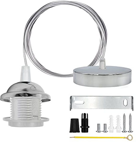 Decken-Pendelleuchte, E27-Lampenfassung mit Metallschraube, Deckenrosette im Industriestil, Leuchtensatz mit Montagezubehör für Schirm, 100 cm Flexkabel, Kupfer (Chrom)