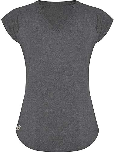 GO HEAVY Damen Fitness Funktions Sport T-Shirt Laufshirt Kurzarm Schnelltrocknend Yoga Sportoberteil | Grau L