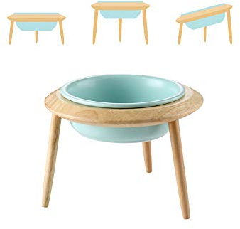 Blue Ceramic Adjustable Elevated Raised Pet Bowl with Wood Stand for Cats and Dogs No Spill Pet Food Water Feeder (3 installation methods for different height) Small