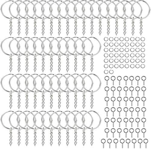 50 Pcs Key Chain Rings, Silver Keyrings Chain Link Kit, Open Jump Rings Screw Eye Pins, Metal Bulk Split Key Ring Set for DIY Resin Keyring, Art Craft