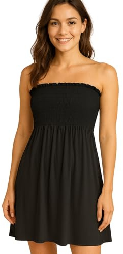 STAR FASHION Women’s Strapless Sheering Ruched Bandeau Dress Plain Boob Tube Sleeveless Midi Dress Summer Holiday Beach Flared Dress Soft Stretch UK 8-22