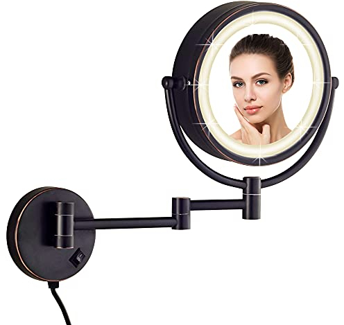 DOWRY Wand Kosmetikspiegel mit Beleuchtung 3 Dimmbare Farben Vergrößerungsspiegel mit Licht 5X Doppelseitiger Spiegel,Ø20CM