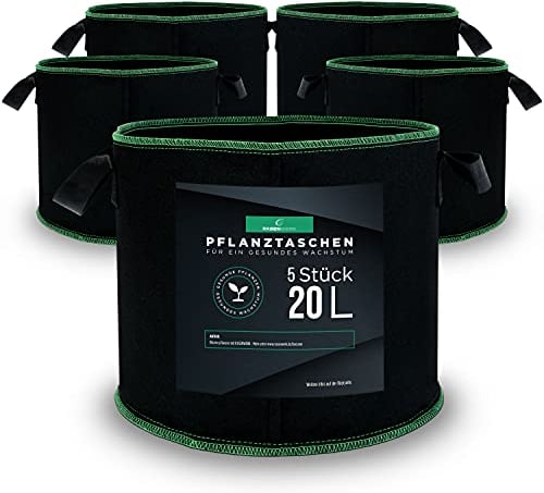 RASENWERK® - 20 Liter Pflanztasche aus Vliesstoff - Pflanzsack für Garten, Gewächshaus & Balkon - Pflanzbeutel für Blumen, Tomaten und Pflanzen - Ideale Alternative zum Blumentopf - 5 Stück