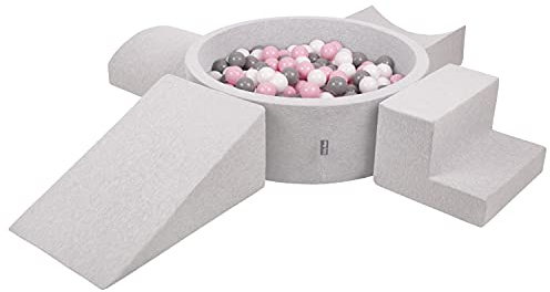 KiddyMoon Aire De Jeux en Mousse avec Rond Piscine À Balles (200 Balles) pour Enfants, Gris Clair: Blanc/Gris/Rose Poudré