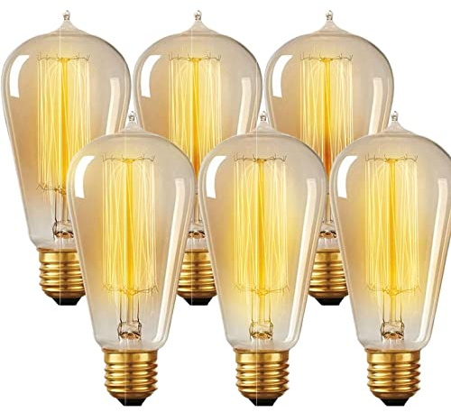 Hudson Bulb Co. Vintage Incandescent Edison Light Bulbs, 60W, E26/E27 Base, 2100K Dimmable Decorative Lights, ST58 Style Amber Warm Glow, Antique Squirrel Filament for Outdoor and Indoor Use - 6 Pack