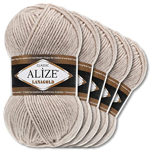 Wohnkult Alize 5 x 100 g Lanagold Wolle | 53 Auswahl | Stricken Häkeln Wolle (152 | Beige Melange)