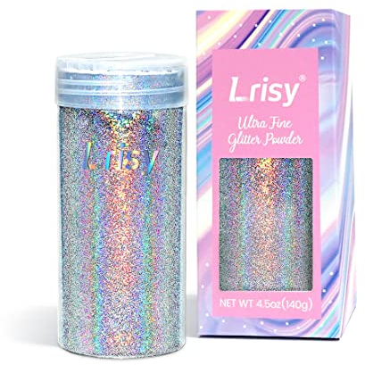 Lrisy Holographic Extra Fine Glitter Powder with Shaker Lid, Craft Glitter Sequins for Epoxy Resin, Slime,Tumblers,Nail&Painting Arts 140g/4.5oz (Ultra Thin Holographic Silver)