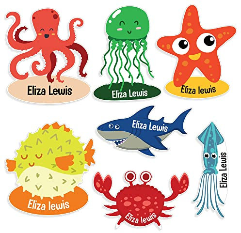 Pack of 18 Sea Animals Personalised Name Stickers for Water Bottles (50 mm) Dishwasher Proof Labels Self Adhesive Waterproof School Stationeries Packwith®
