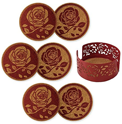 Mango Steam Set di sei sottobicchieri decorativi per bevande e tazze con supporto in metallo, rosso
