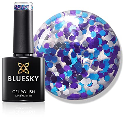 Bluesky Gel Nail Polish 10ml, Platinum Jubilee, Chunky Silver Glitter | Large flecks of purple, blue and silver in a clear base, giving full sparkle over any shade or worn on their own.