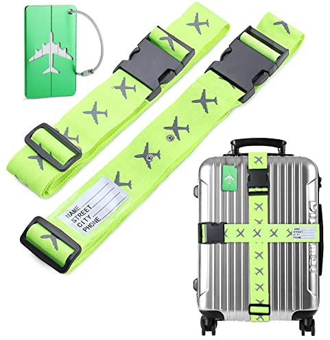 Romon Sangle de Bagage Réglables, Sangle Valise Lot de 2 avec Boucle et Etiquettes de Bagage,Voyage Accessoires Sangle pour Valise pour Les Bagage Fermeture Sécurisée 2 Verts