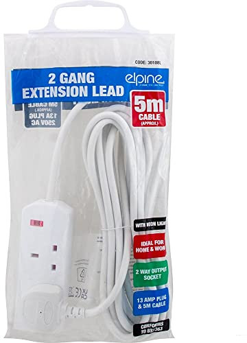 New 2 Way, 5 Metre Extension Lead - Cord, Cable Electric Mains Power Socket Plug Amp | UK Plug 3 Pin Socket Outlet | Ideal For Emergency Use (2 Way, 5m Lead)