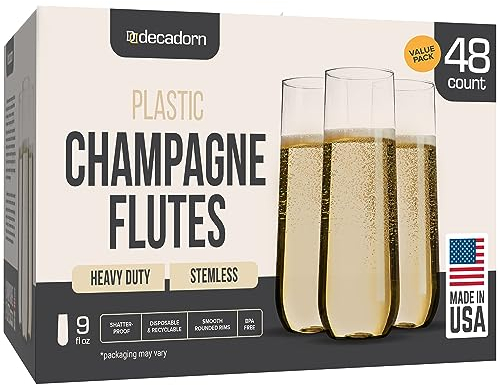 DECADORN Champagnerflöten aus Kunststoff, transparent, Einweg, 266 ml, Kunststoff, Champagnergläser, ohne Stiel, für Prosecco, langlebige und stabile Mimosa-Gläser, Kunststoff für Partys, 48 Stück