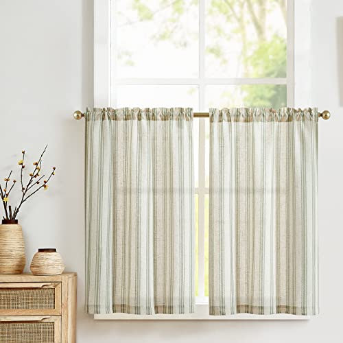 Vangao Streifen Scheibengardine Leinen Gestreifte Bistrogardine Halbtransparente Scheibengardinen Küchen Gardine Kurz Fensterschal für Wohnzimmer Kleinfenster Landhaus Grün 65x90cm(BxH) 2 Stück