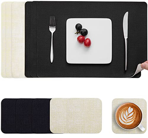 Myir JUN Tischsets Abwaschbar Leder und Untersetzer, Doppelseitigen Platzset 6er Set rutschfest Platzdeckchen Leder Kunstleder Tischset (Cremeweiß Schwarz, 6er Set)