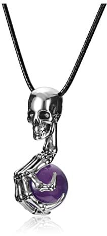 Jovivi Gothic Skull Amethyst Crystal Healing Stone Necklace Women Men Skeleton Hand Hold Purple Gemstone Ball Pendant Necklace Rope Jewellery Gifts For Him Her Christmas Halloween