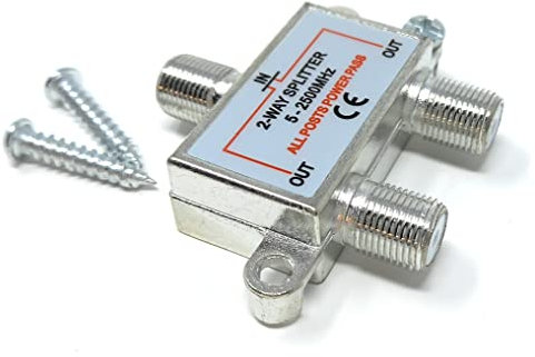 2 Way TV Splitter F-Type Screw-on Connectors RF Coaxial Cable Adapter, Passive Wideband Signal, 5-2500Mhz (1 In 2 Out)