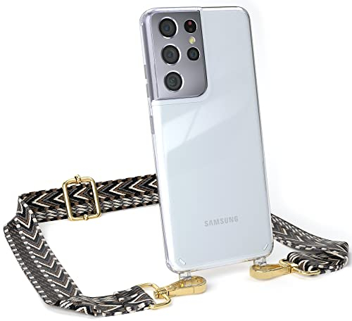 EAZY CASE Handykette - Verstellbarer Gurt kompatibel mit Samsung Galaxy S21 Ultra, Schulterriemen, Flache Kordel, Handykordel mit Hülle, Hülle mit Kette, Grau/Schwarz - Metall Gold