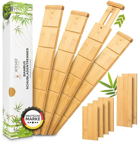 KitChef Schubladentrenner verstellbar 10-teilig aus 100% natürlichem Bambus | Schubladen Organizer gefedert (43-50 cm) | Schubladen Ordnungssystem für Küche, Büro, Badezimmer, Schrank
