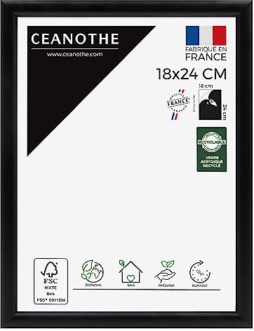 Ceanothe Cadre Photo 18x24 cm en Bois Noir, Pour Exposition et Idéal pour Petit Souvenir Décoration et A5, Collection Essentiel Verre acrylique Incassable Fabriqué en France